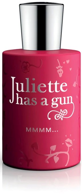 A pink bottle with silver cap, label says 'Juliette has a gun, MMMMM...'. It has small hearts and cherries on it.