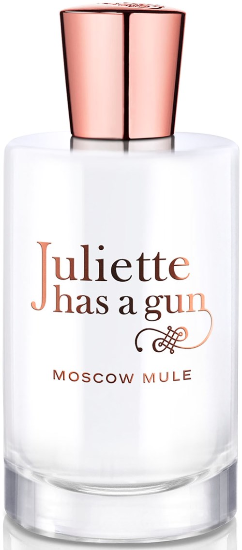 En vit parfymflaska med roséguldcap, märkt "Juliette has a gun Moscow Mule."