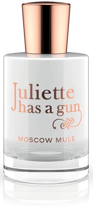 En parfyllflaska med vit kropp, roséguldlock och text som säger 'Juliette has a gun MOSCOW MULE'.