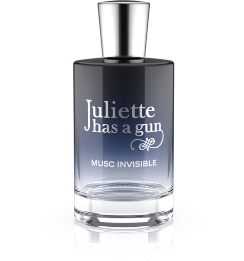 Een parfumfles met 'Juliette Has a Gun' en 'Musc Invisible' met doorzichtig glas en zilveren dop.
