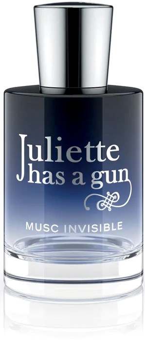 Een parfumfles met Juliette Has a Gun, MUSC INVISIBLE, met zwarte en zilveren dop.