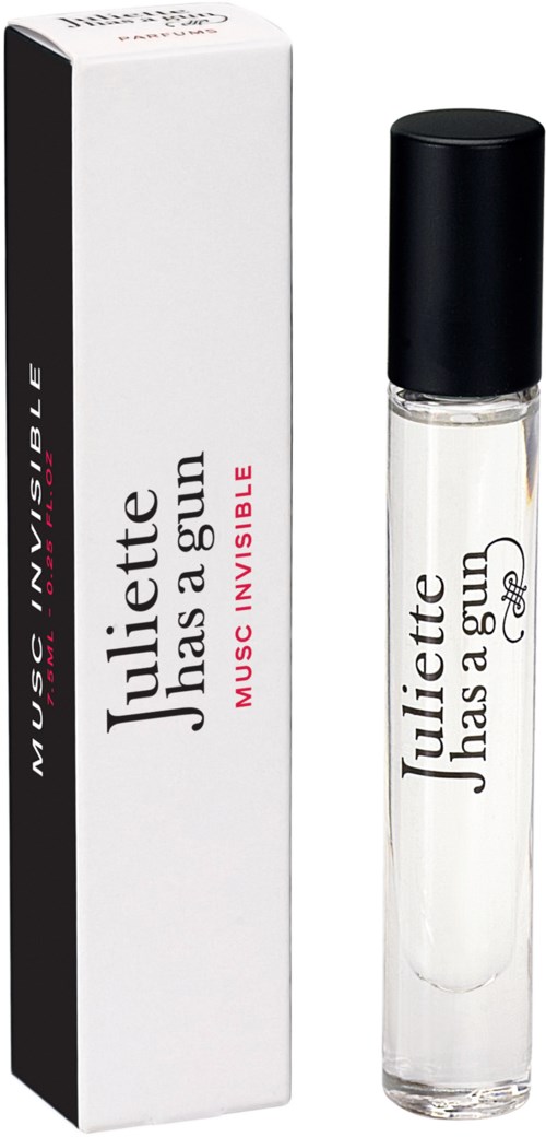 A perfume bottle and box labeled 'Juliette Has a Gun Music Invisible' are shown, designed for women.