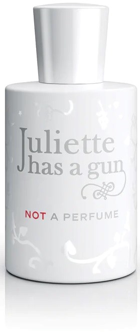 Een witte fles met grijze en rode tekst, zegt dat Juliet een pistool heeft maar het is geen parfum.