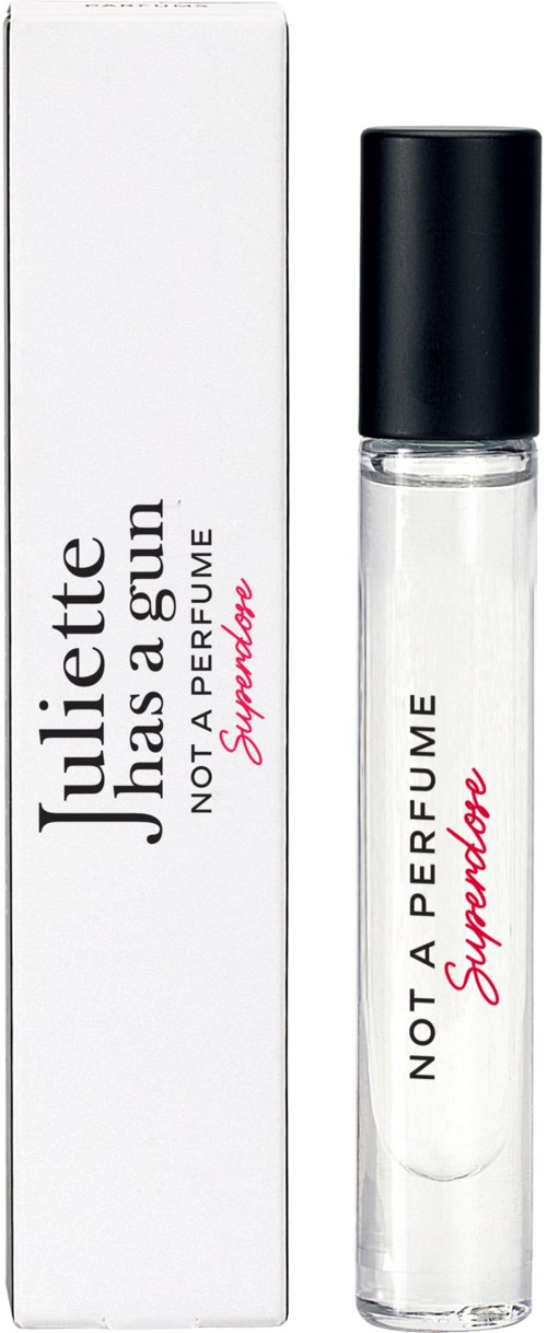 A perfume bottle and box with playful text, indicating "Juliette has a gun" and "supermind" in red.
