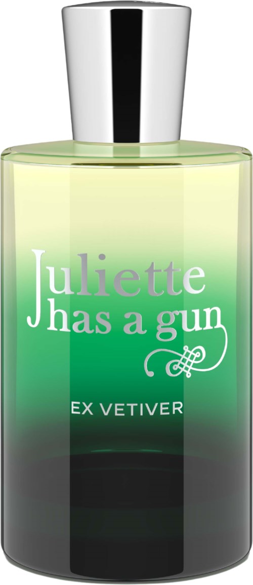 Fles met een kleurverloop label, witte tekst zegt "Juliette has a gun," en "EX VETIVER," zilveren dop.