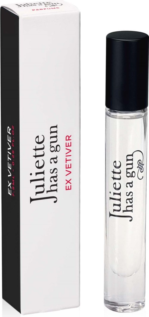 A perfume bottle with black cap and white box, labeled "Juliette Has a Gun, Ex Vêtiver."