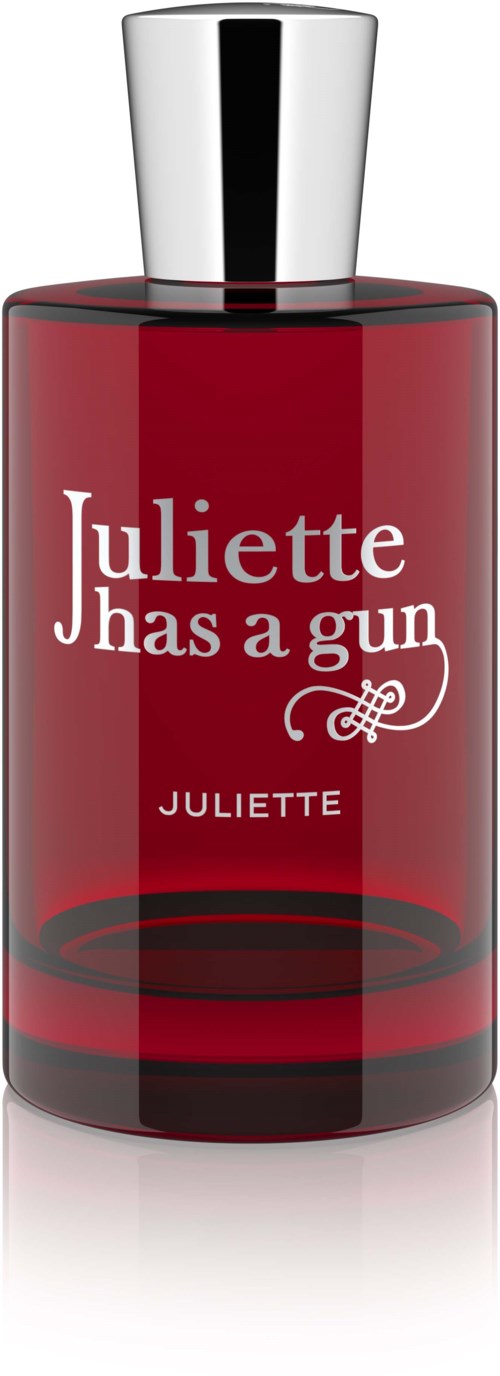 Rote Parfümflasche mit der Aufschrift 'Juliette has a gun' und silberner Kappe.