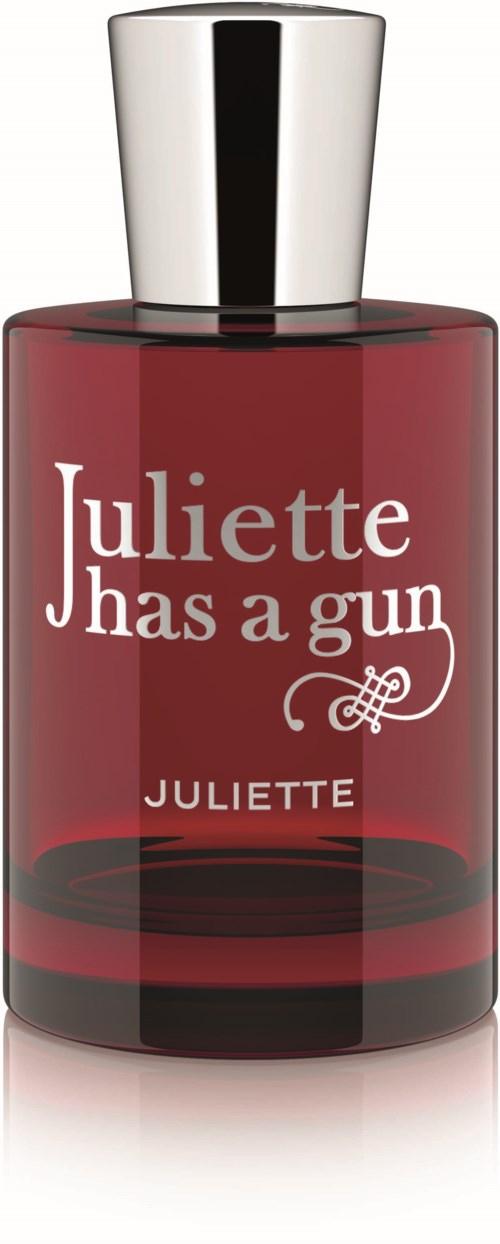 Een rode parfumfles met zilveren dop, gespeld 'Juliette Has a Gun' en de naam 'Juliette' onder.