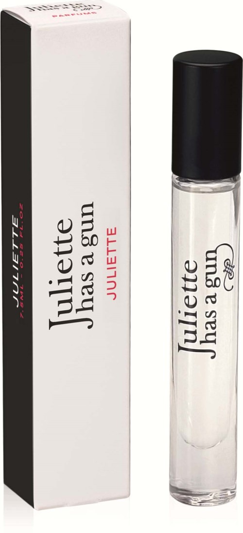 A perfume bottle with a white box says "Juliette Has a Gun" and "BULLET"; the bottle is clear with black cap.