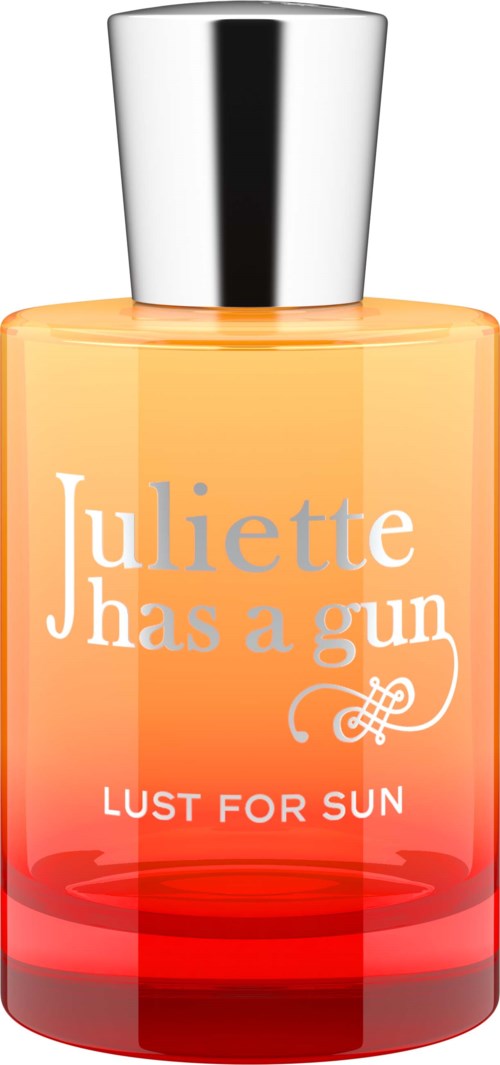 Een parfumfles met oranje en rode tinten, zilveren dop, en tekst: 'Juliette Has a Gun' en 'Lust for Sun.'