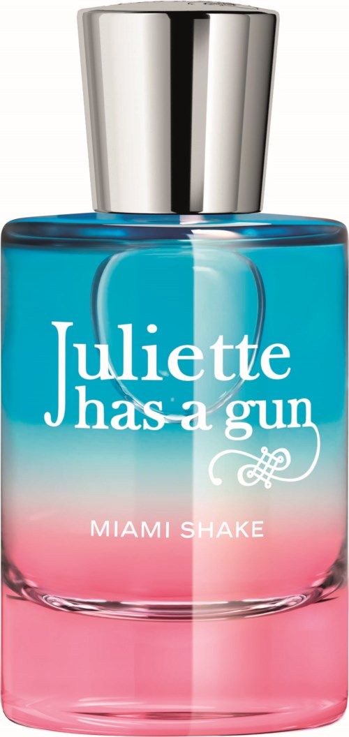 A colorful perfume bottle with blue top, pink bottom, and white text that says 'Juliette has a gun MIAMI SHAKE'.