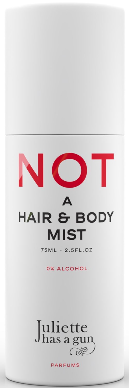 Een witte spuitfles met label 'NOT A HAIR & BODY MIST' zonder alcohol, door Juliette Has a Gun.