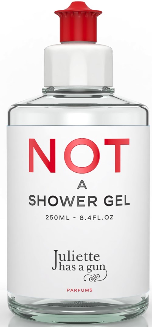 Een heldere douchegelfles met label 'NOT A SHOWER GEL' met rode dop en 'Juliette has a gun' merk.