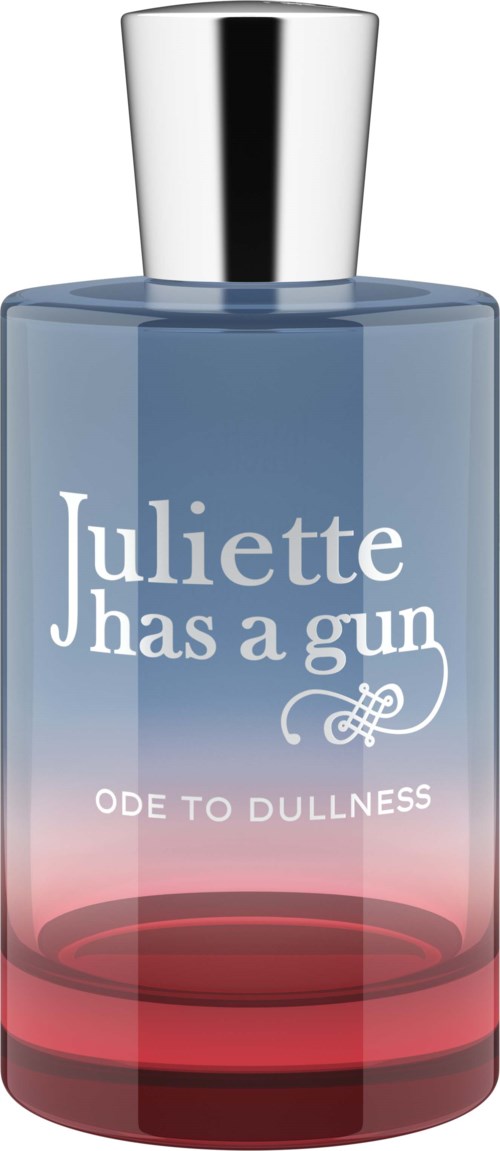 A perfume bottle with blue and pink gradient, silver cap, and labeled 'Juliette Has a Gun - Ode to Dullness.'