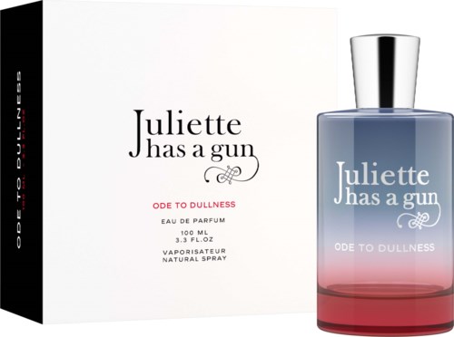 A perfume box and bottle with a gradient pink-to-gray color, and the name "Juliette has a gun."