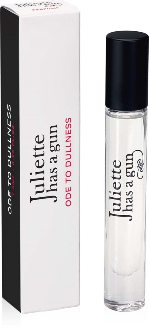 Perfume bottle with a white box saying, "Juliette has a gun - ODE TO DULLNESS."
