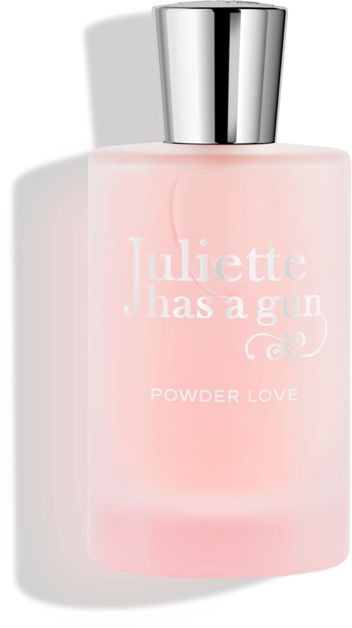 Roze parfumbal met zilveren dop, gelabeld Juliette has a gun Powder Love.