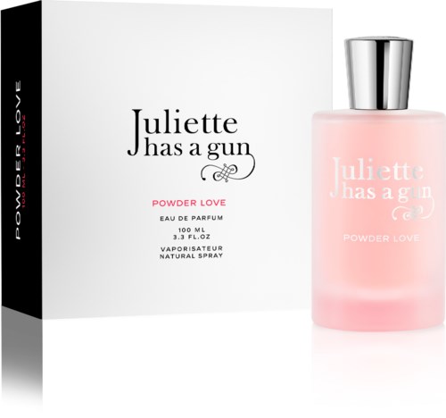 Een parfumfles en doos met tekst over Juliette has a gun Powder Love geur.