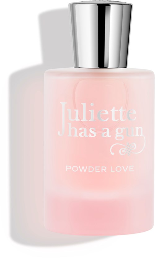 Een roze parfumfles met een zilveren dop, met de tekst "Juliette has a gun, Powder Love."
