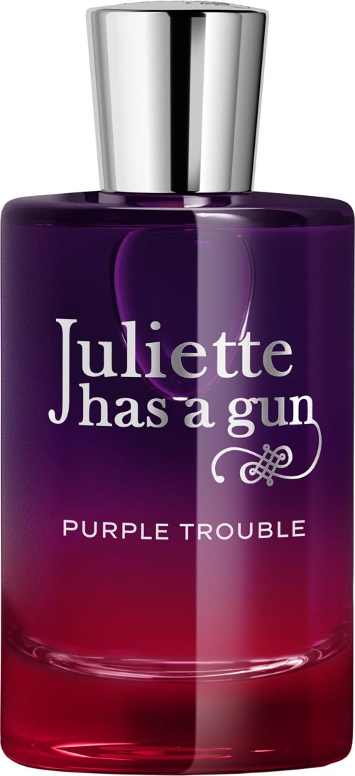 A perfume bottle labeled Juliette Has a Gun Purple Trouble with a silver cap in purple and red colors.