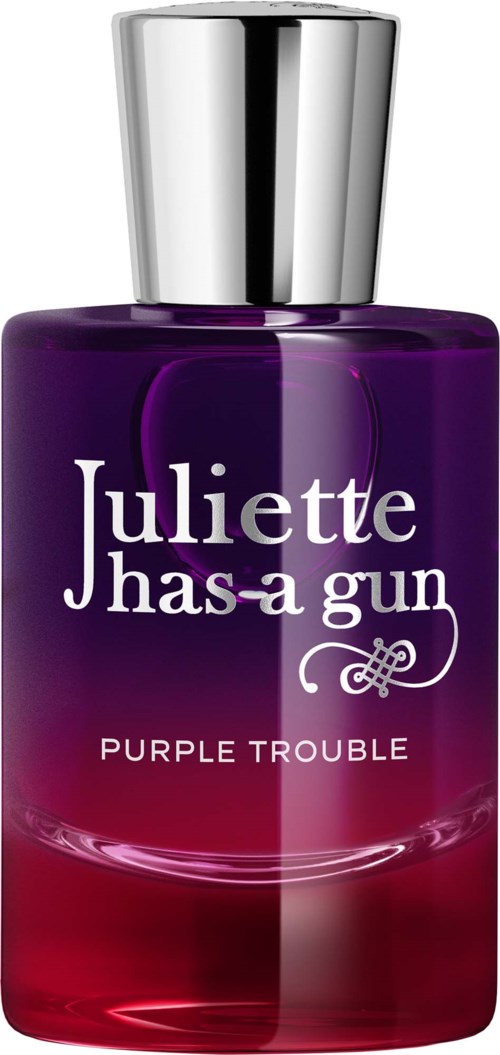 A purple and red gradient perfume bottle with a silver cap, labeled Juliette Has a Gun Purple Trouble.