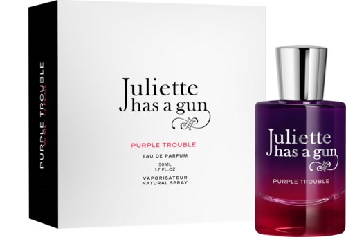 A purple perfume bottle with a silver cap next to white box, labeled Juliette Has a Gun, Purple Trouble, 50ml.