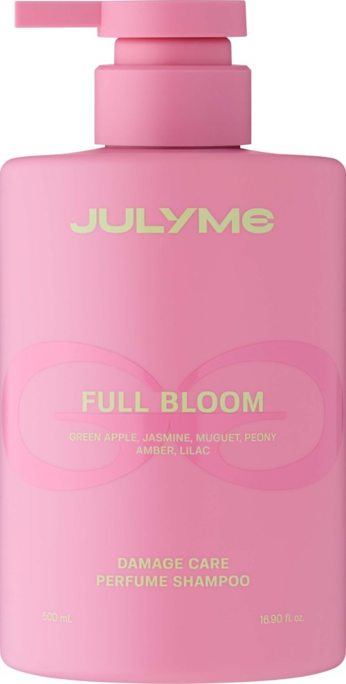 A pink shampoo bottle with a pump labeled JULYME and FULL BLOOM scent, featuring notes like jasmine and peony.