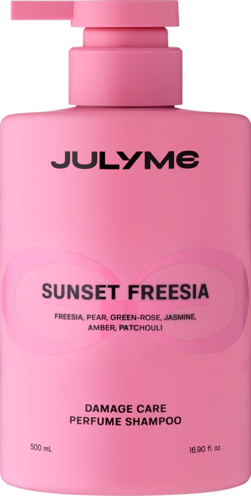 Pink shampoo bottle labeled Julyme Sunset Freesia with scent notes and 500ml size.