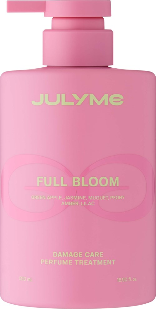 A pink bottle labeled JULYME with a pump, containing full bloom perfume treatment with certain floral scents.