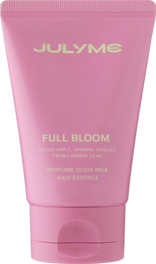 Pink tube with yellow text, advertising a hair perfume called Full Bloom with floral ingredients.