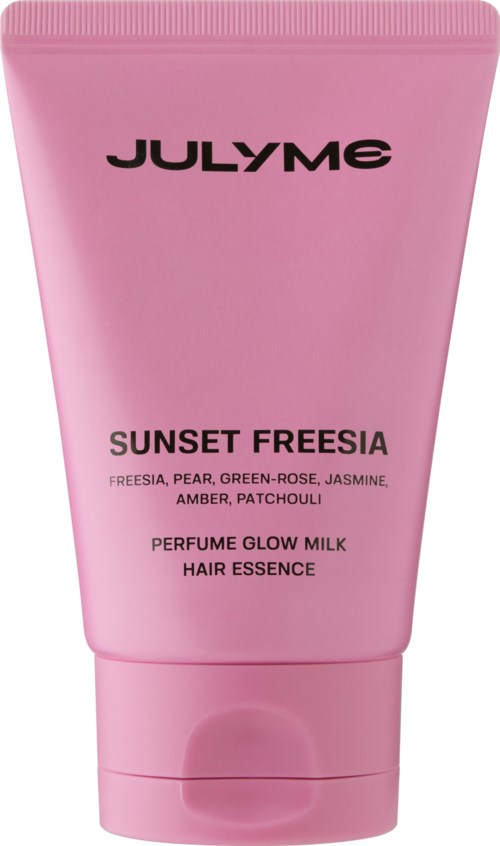 Pink tube of hair essence with fragrance names and brand JulYMe Sunset Freesia.