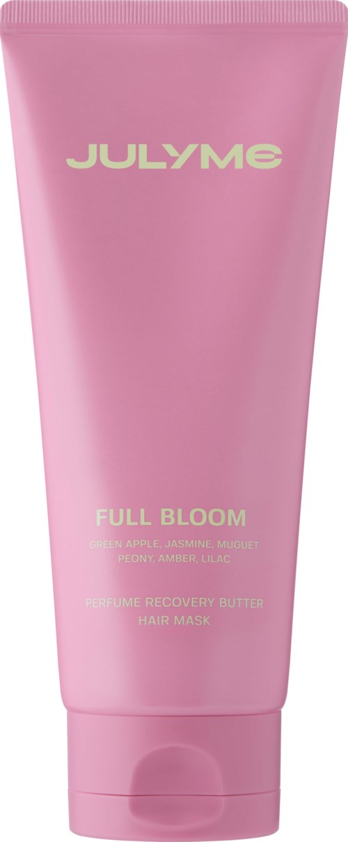 Pink tube labeled JULYME Full Bloom hair mask with apple, jasmine, and amber scents.
