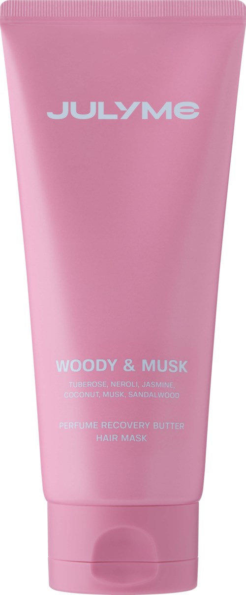 Pink container for a hair mask with woody and musk scent. Contains ingredients like lavender, jasmine, and coconut. Brand is JULYME.