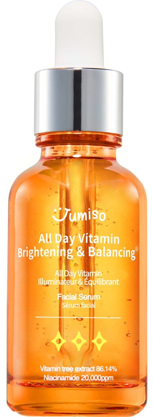 Klein oranje fles met witte druppelkraag, gelabeld 'Jumiso All Day Vitamin Brightening & Balancing Facial Serum.'
