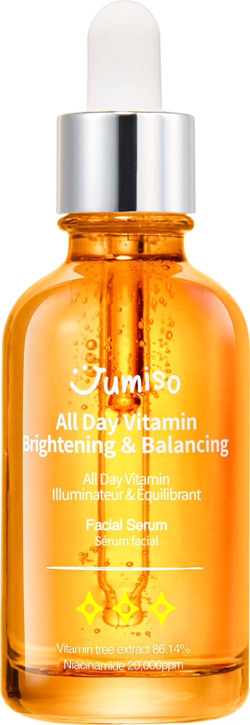 Een oranje flesje met een gezichtsserum en witte pipet, genummerd 'Jumiso All Day Vitamin Brightening & Balancing' met enkele decoratieve sterren.