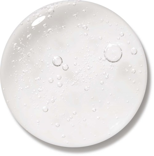 Een heldere, ronde gel met kleine bubbels erin, lijkt op een doorschijnende, glanzende bol.