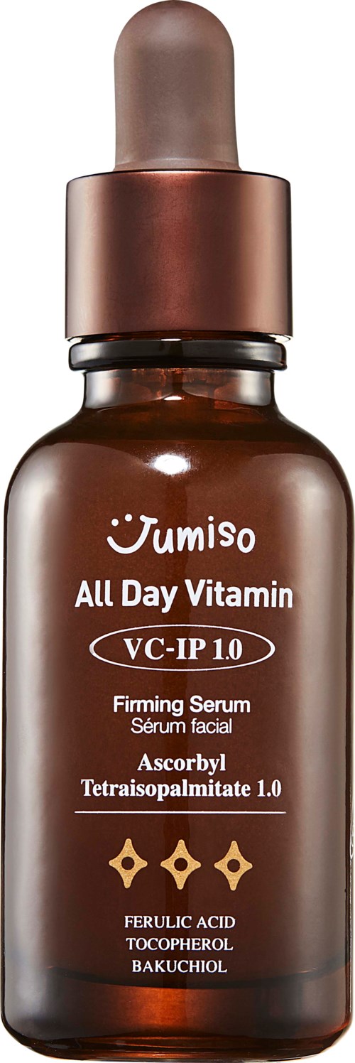 Gele glazen fles met pipet, label 'Tumis0 All Day Vitamin' voor huidverzorging, bevat serum met belangrijke ingrediënten.