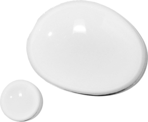 Twee witte, glanzende, ronde voorwerpen in verschillende maten, één groot en één klein.