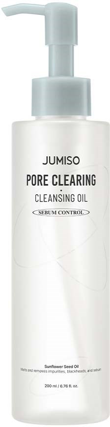 Eine weiße Flasche mit Pumphals, beschriftet 'JUMISO PORE CLEARING CLEANSING OIL' für Gesichtshygiene.