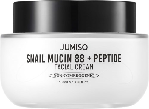 Een pot Jumiso slaksecreme met mucine 88 en peptide, zwarte deksel, witte label, tekst beschrijft product.