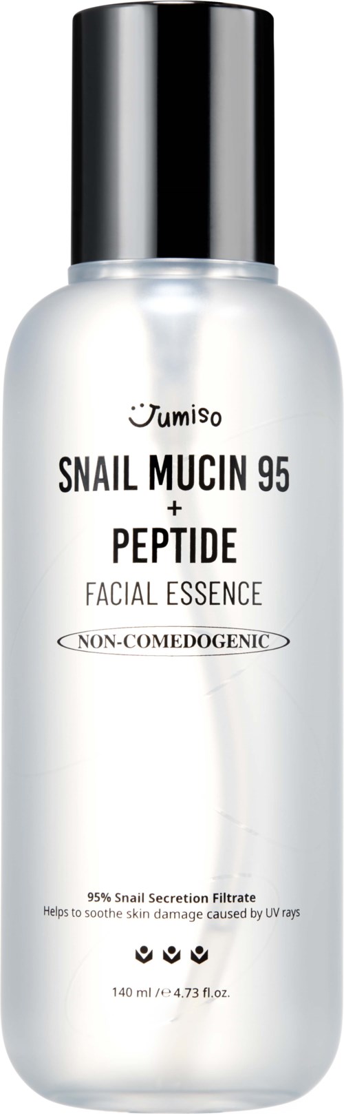 Een witte fles met een zwarte dop, labeled 'Snail Mucin 95 + Peptide Facial Essence', van Jumiso.