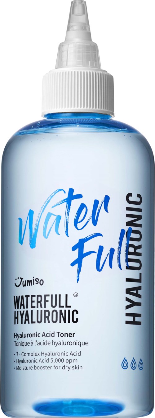Een duidelijke fles met pipetdop, gelabeld Waterful Hyaluronic, met blauwe vloeistof voor huidhydratie.