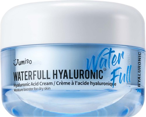 Een potje met Hyaluronzuurcrème genaamd Waterfull Hyaluronic, met blauwe en witte kleuren, voor droge huid.