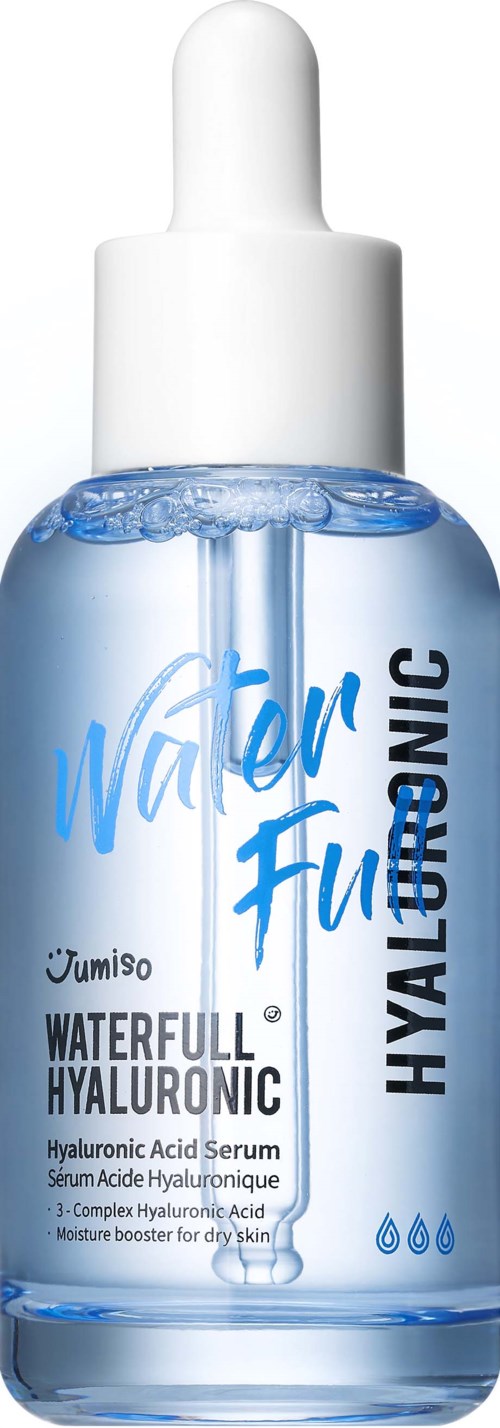 Een doorzichtig flesje met pipet bevat watergebaseerd hyaluronzuur serum, gelabeld als Water Full en Hyaluronic.