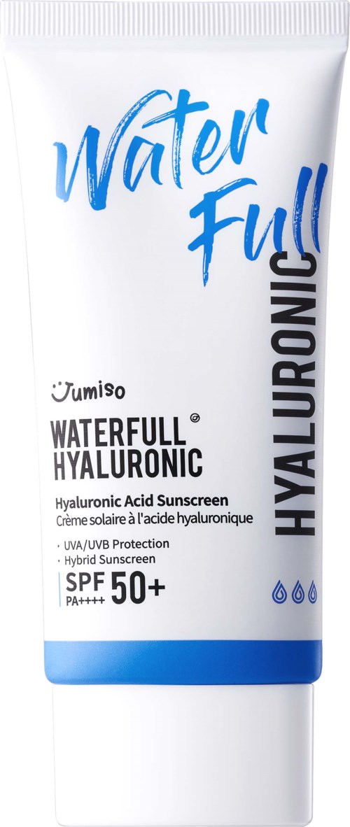 Witte tube zonnebrandcrème met blauwe en zwarte tekst, labeled Water Full Hyaluronic SPF 50+ voor huidbescherming.