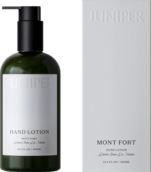 Green bottle of hand lotion with black pump and white box, both labeled Juniper, Mont Fort, and lemon scent.