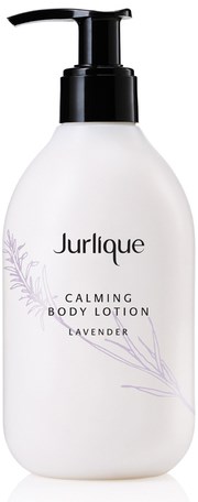 A white lotion bottle with a black pump labeled Jurlique Calming Body Lotion Lavender, simple design, lavender illustration.