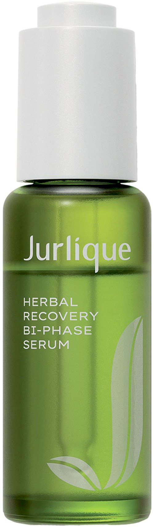 Eine grüne Flasche mit weißem Deckel, beschriftet Jurlique Herbal Recovery Bi-Phase Serum.