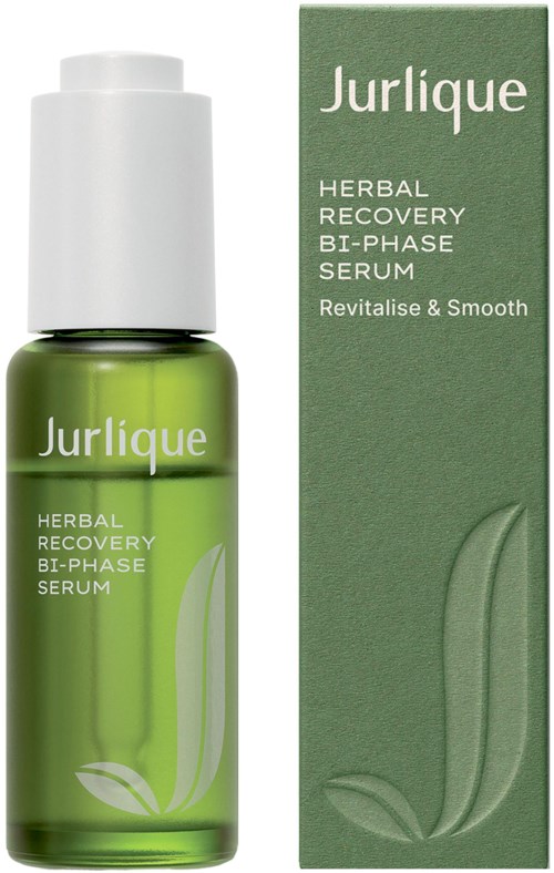 Grüne Flasche von Jurlique Herbal Recovery Bi-Phase Serum und ihrer passenden Box, beide mit Text und Blattgestaltung.