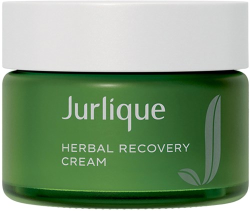 Green jar of Jurlique Herbal Recovery Cream with a white lid and a leaf design.